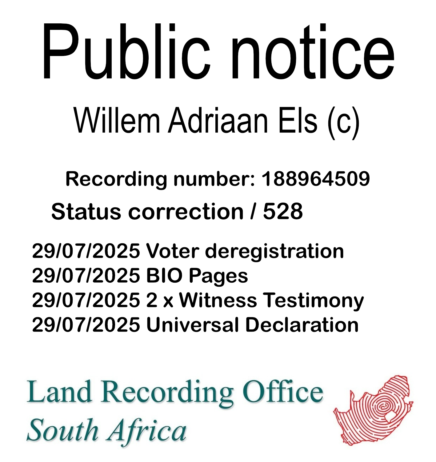 Public notice Willem Adriaan Els (c) Recording number 188964509